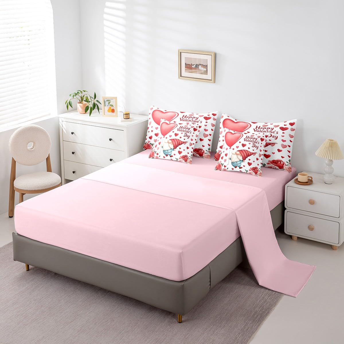 Erosebridal Valentines Gnome Queen 7 Piece Comforter Set with Sheets - Cute Gnomes Red Rose Floral Bedding Sets, Romantic Love Bed Set with Fitted + Flat Sheet for Kids Girls Women Room Decor