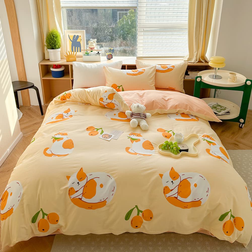 LIWHENHAO Cats Duvet Cover Set Queen 100% Cotton Bedding Cartoon Cute Cat on Orange 1 Kawaii Animal Comforter Cover Full Zipper Closure 2 Pillowcases for Kids Girls Boys Woman