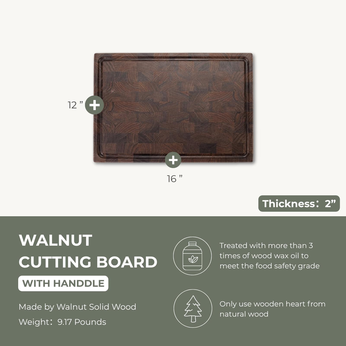 muso wood End Grain Cutting Board, Black Walnut Wood, 2" Thick Dual-Sided Wooden Chopping Board with Juice Groove & Handle - Idea for meat cutting, vegetable dicing, and fruit processing, 16 x 12 inch
