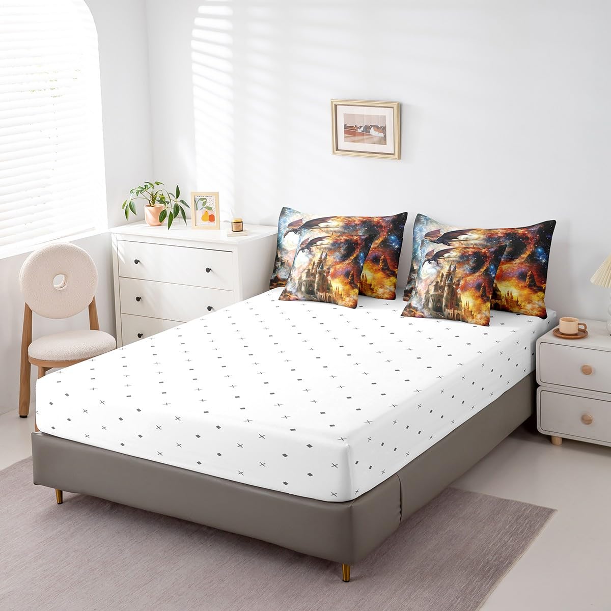 7 Pieces Retro Castle Galaxy Comforter Set Queen,Flying Dragon Bed Set for Kids Boys Girls,Magical Starry Sky Bedding(1 Comforter,1 Fitted Sheet,1 Flat Sheet,2 Pillowcases,2 Throw Pillow Cover)
