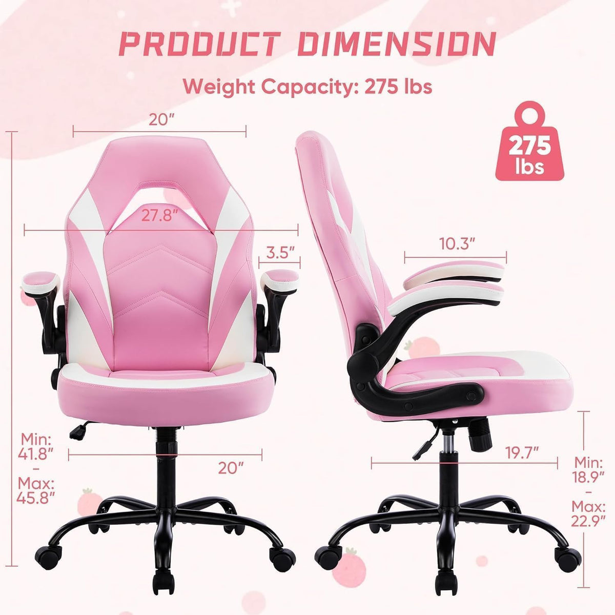OLIXIS Computer Gaming Desk Chair - Big and Tall Ergonomic Lumbar Support with Flip-up Armrest and 360° Swivel Wheels, PU Leather Height Adjustable, for Home and Office, Pink and White