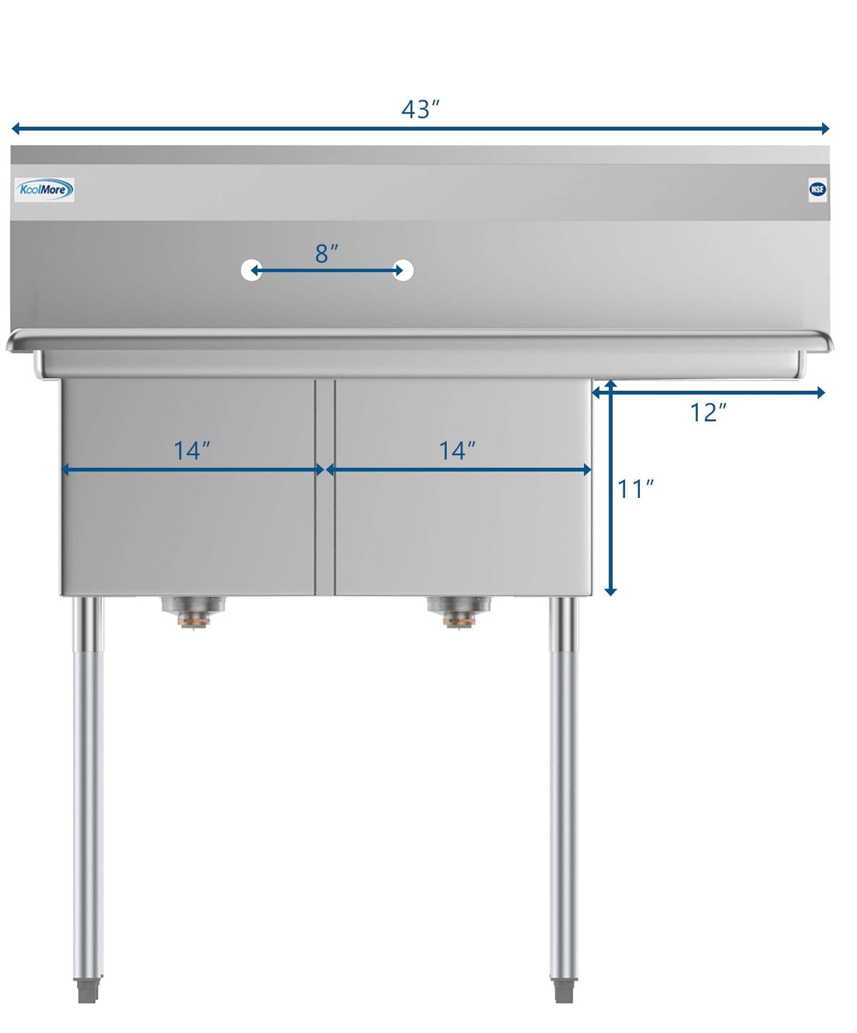 KoolMore 2 Compartment Stainless Steel NSF Commercial Kitchen Prep & Utility Sink with Drainboard - Bowl Size 14" x 16" x 11", Silver