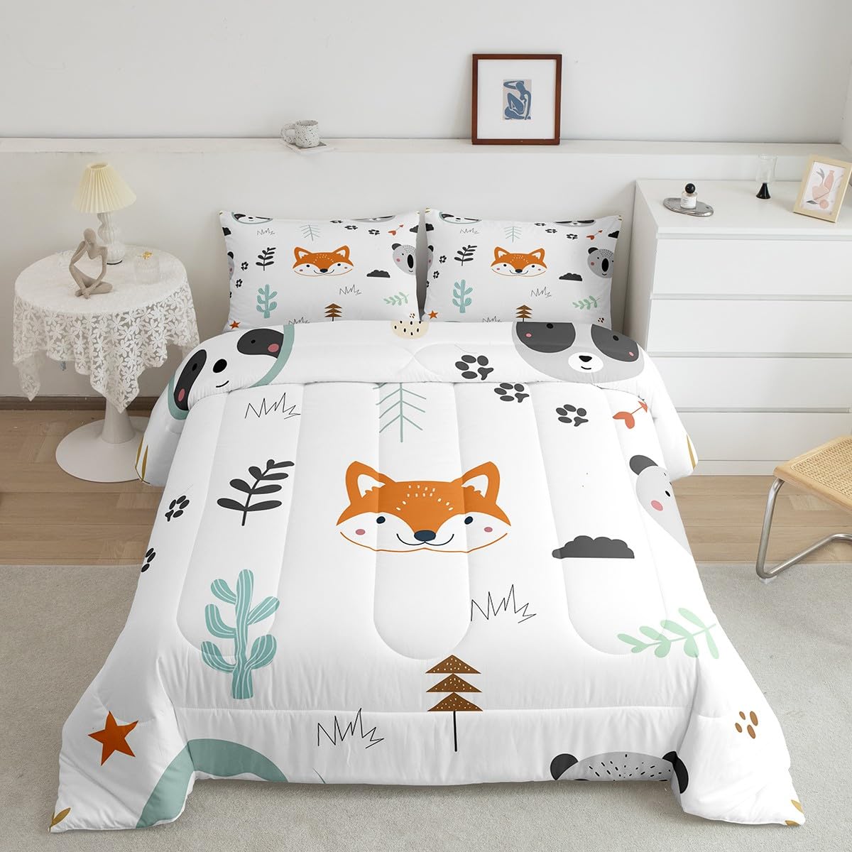 Feelyou Cute Fox Comforter Set King Size Cartoon Animal Bedding Set for Boys Girls Teens Bedroom Decor Zoo Animal Comforter Women Men Wildlife Duvet Set with 2 Pillow Case