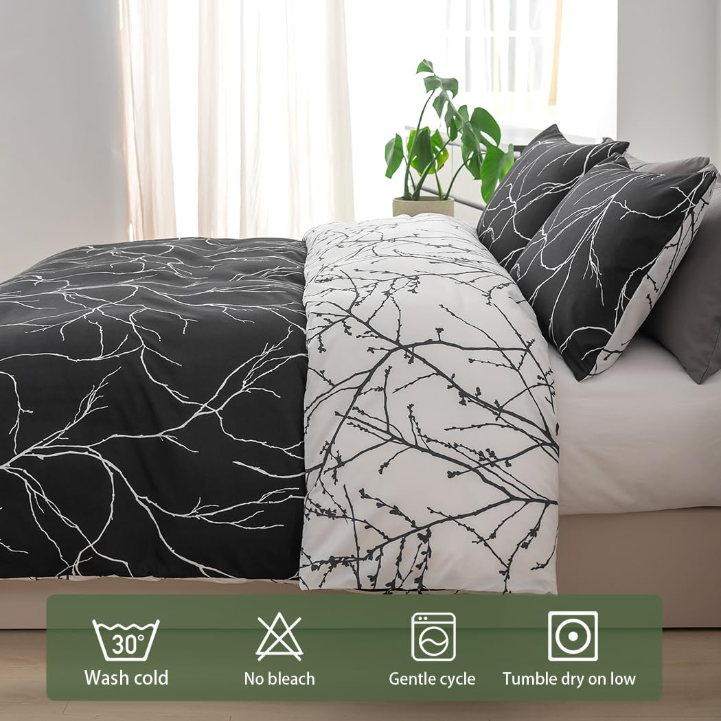 Lekesky Reversible Duvet Cover Queen Size, Black Branch Comforter Cover Queen 3pcs Microfiber Botanical Bedding Set with Zipper Closure Corner Ties