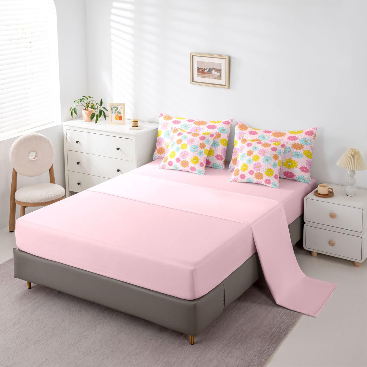 Erosebridal Cute Flower 7 Pcs Bedding Set Twin Size for Teen Girls Cartoon Floral Comforter Set with Sheets for Kids Young Women Kawaii Daisy Bed in A Bag Blue Pink Bed Sets All Season