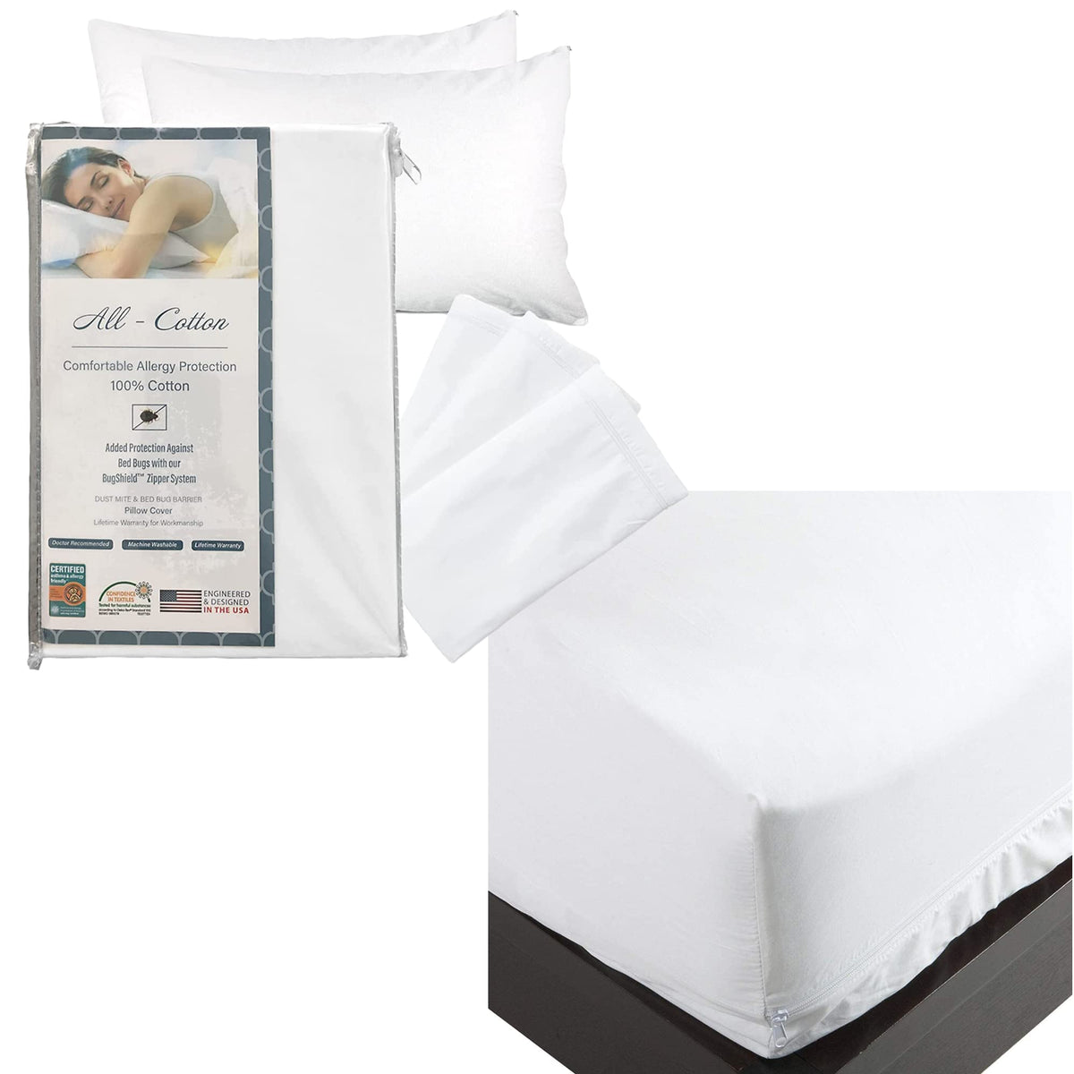 National Allergy Bedding Set Bundle - 100% Cotton Hypoallergenic Pillow Protectors (King Size - 2 Pack) & Mattress Encasement (King Size, 12-Inch Deep)