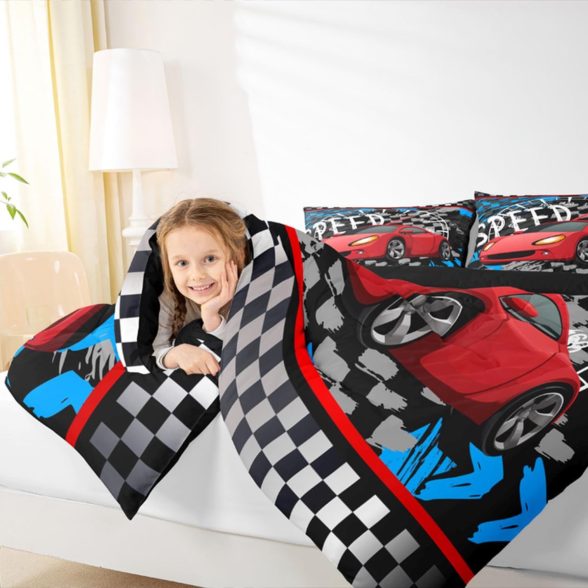 Feelyou Boys Race Car Bedding Set Cool Race Sports Car Set Comforter Set for Kids Boys Sports Theme Duvet Set Checkered Comforter Red 1 Comforter Set with 1 Pillowcase Twin Size