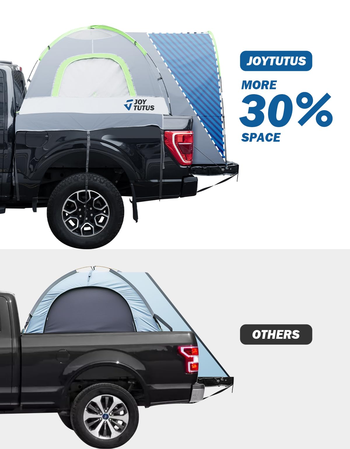 JOYTUTUS Truck Tent with Rainfly 6.5Ft, Straight Spacious Truck Bed Tent with Sky View Mesh, Waterproof PU2000mm Double Layer for 2 Person, Gray Green