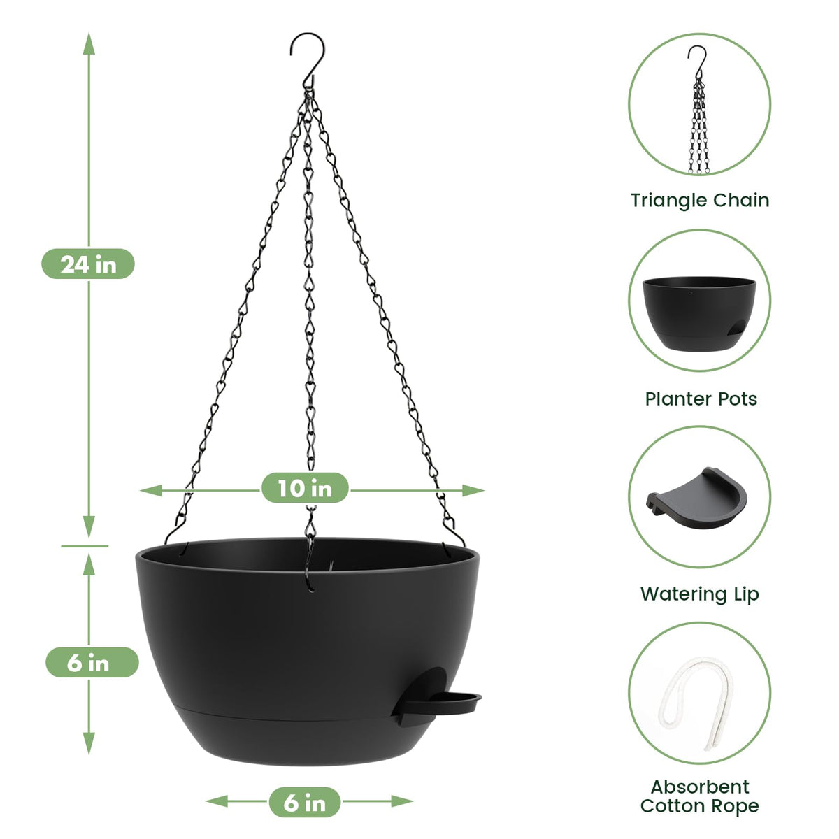 AHJZO 3 Pack 10 Hanging Flower Pots with Chains Self Watering Plastic Planters for Indoor Outdoor Plants, Sturdy Triangular Iron Chain Design for Garden PorchPlastic Hanging Flower pots (3, Black)