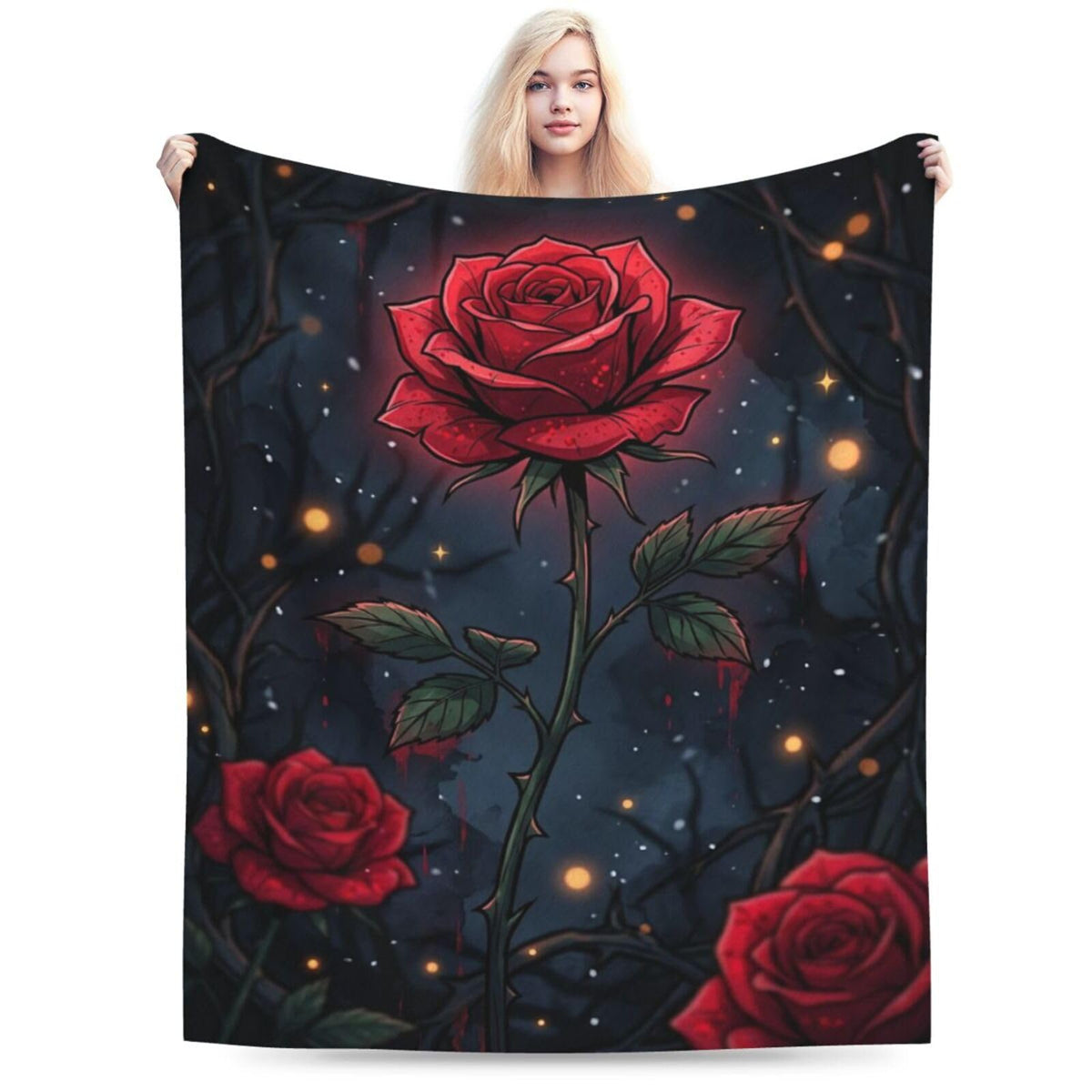 Gothic Red Thorn Rose Dark Glowing Floral Art Print Flannel Blanket