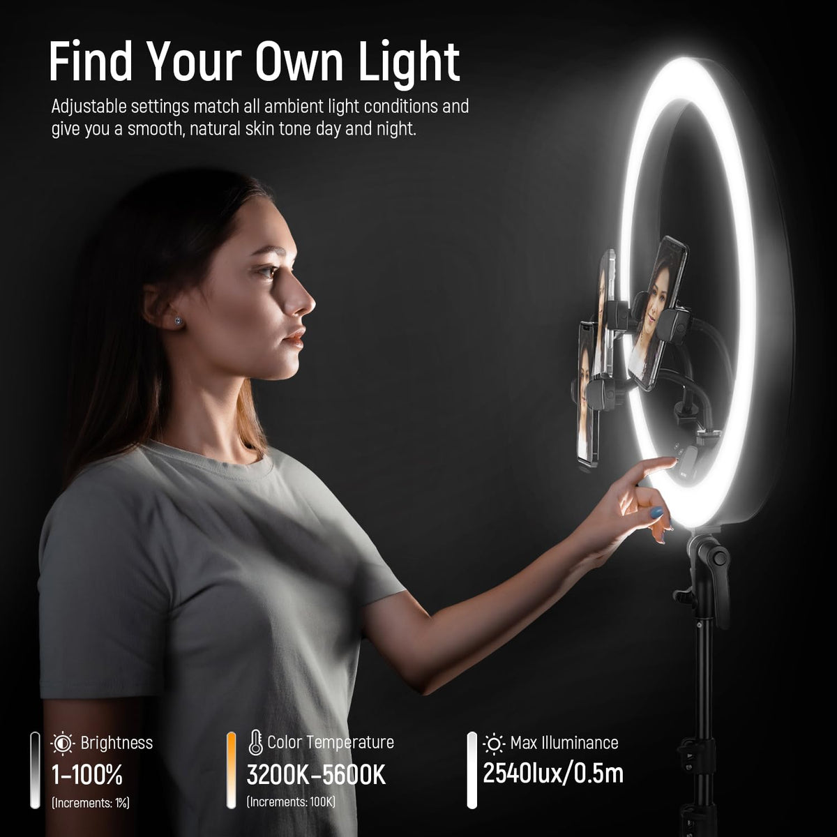 NEEWER Ring Light RP19H 19 Inch with Tripod Stand 3 Phone Holders Compatible with iPhone, Upgraded 2.4G Touch Control Ringlight for Video Recording Streaming Home Office Zoom Selfie Makeup Lighting