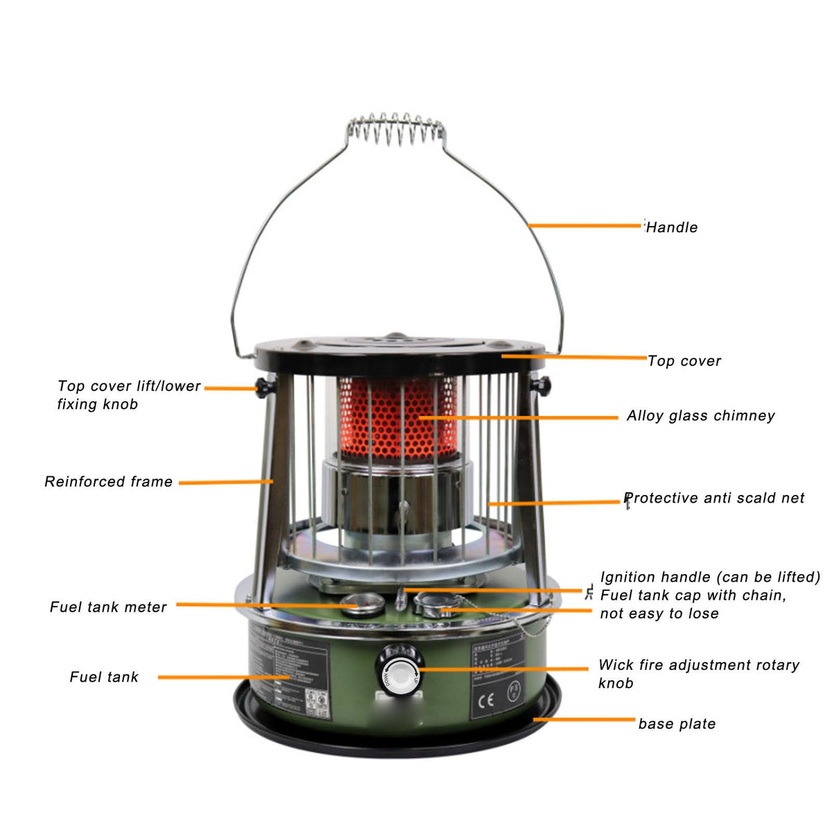 MOTOULAX Portable Kerosene Heater, Adjustable Height 5.2L Tank 20-25 Hours Heat 2.6KW Output for Garage Camping Emergency, with Safety Net and Accessories (Green)