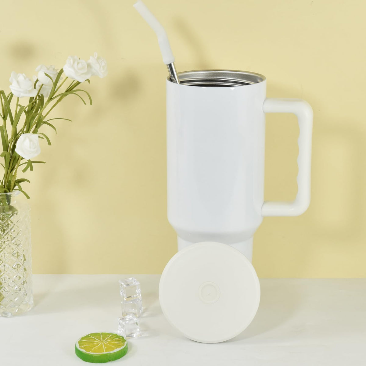 FECBK 40 oz Sublimation Tumbler with Handle and Straw Keeps Cold for 34 Hours Leakproof Stainless Steel Double Wall Vacuum Insulated Travel Mug Sublimation Blank Tumblers Bulk White 16 Pack
