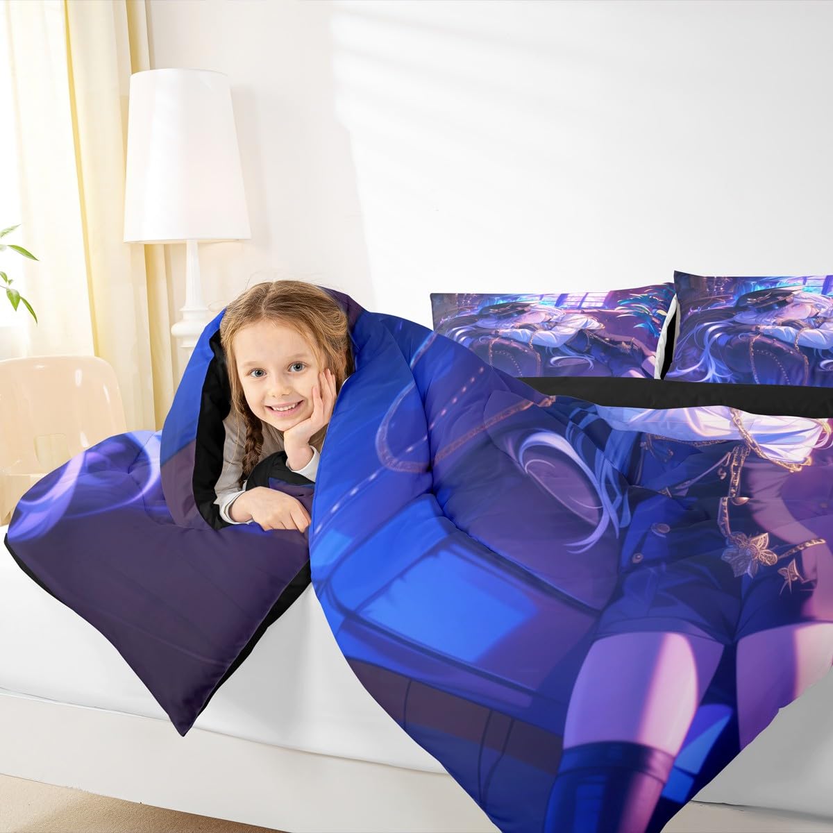 Erosebridal Anime Girl Comforter Set Twin Size Japanese Anime Bedding Set for Kids Boys Teens Women Bedroom Decor, Cartoon Girl Down Comforter Japanese Animation Kawaii Quilt, Purple