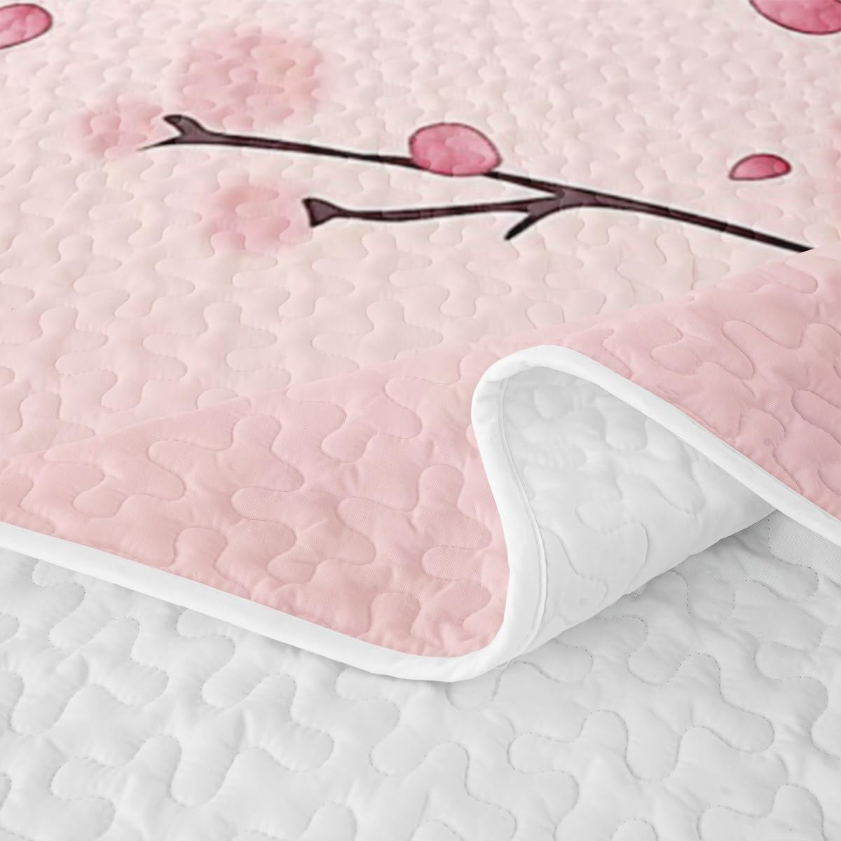 Erosebridal Girl Cherry Blossoms Quilt Queen Japanese Style Quilt SetPink Flowers Quilted Bedspread Branches Plant Floral Bedding Coverlet with 2 Pillowcases
