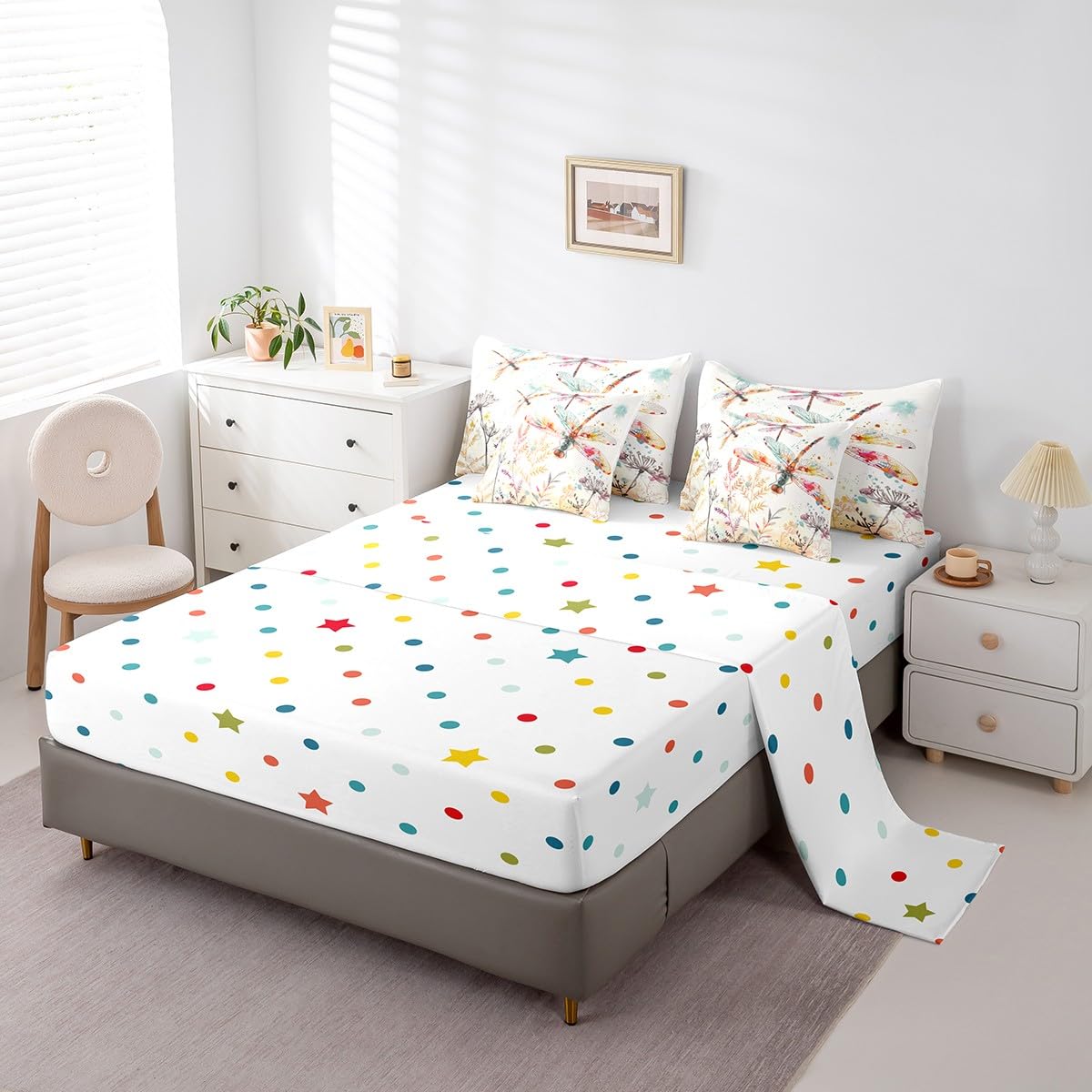Erosebridal Dragonfly Comforter Set Queen,Wildflowers Floral Bedding Set 7Pcs for Kids Teens Adults,Tie Dye Watercolor Botanical Leaves Bed in a Bag,Aesthetic Wildlife Safari Animal Quilt