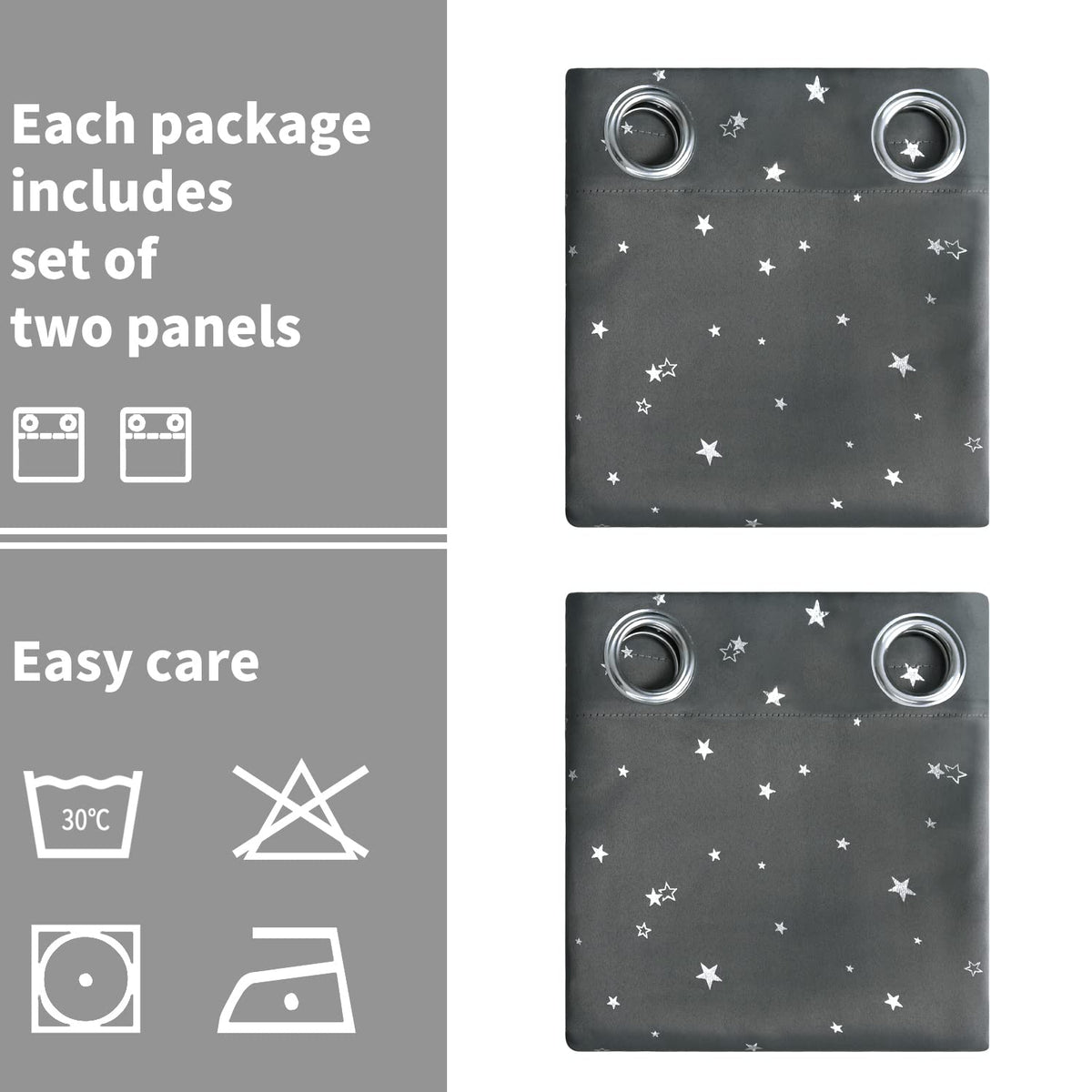BGment Dark Grey Blackout Curtains for Kid's Bedroom - Grommet Thermal Insulated Room Darkening Silver Star Printed Curtains for Living Room, Set of 2 Panels (42 x 63 Inch, Dark Grey)