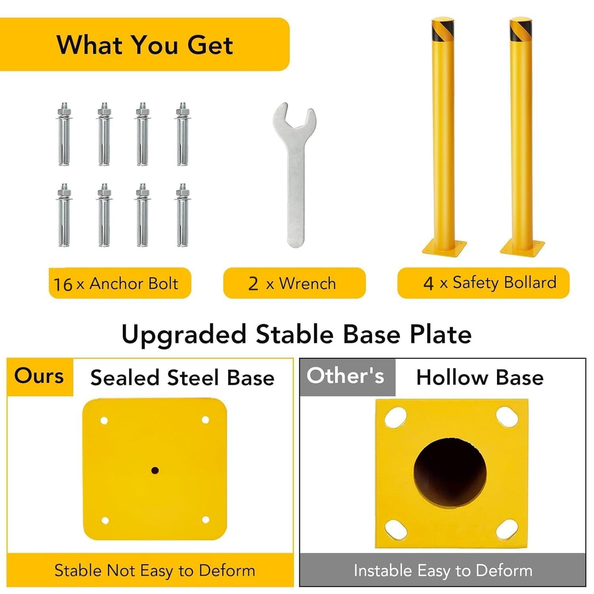 4-Pack 42 Inch Steel Safety Bollards, 4.5 Inch Diameter Parking Bollard Post with 16 Anchor Bolts, Yellow Safety Steel Bollard Post for Driveway Barrier, Traffic Control & Storefront Protection