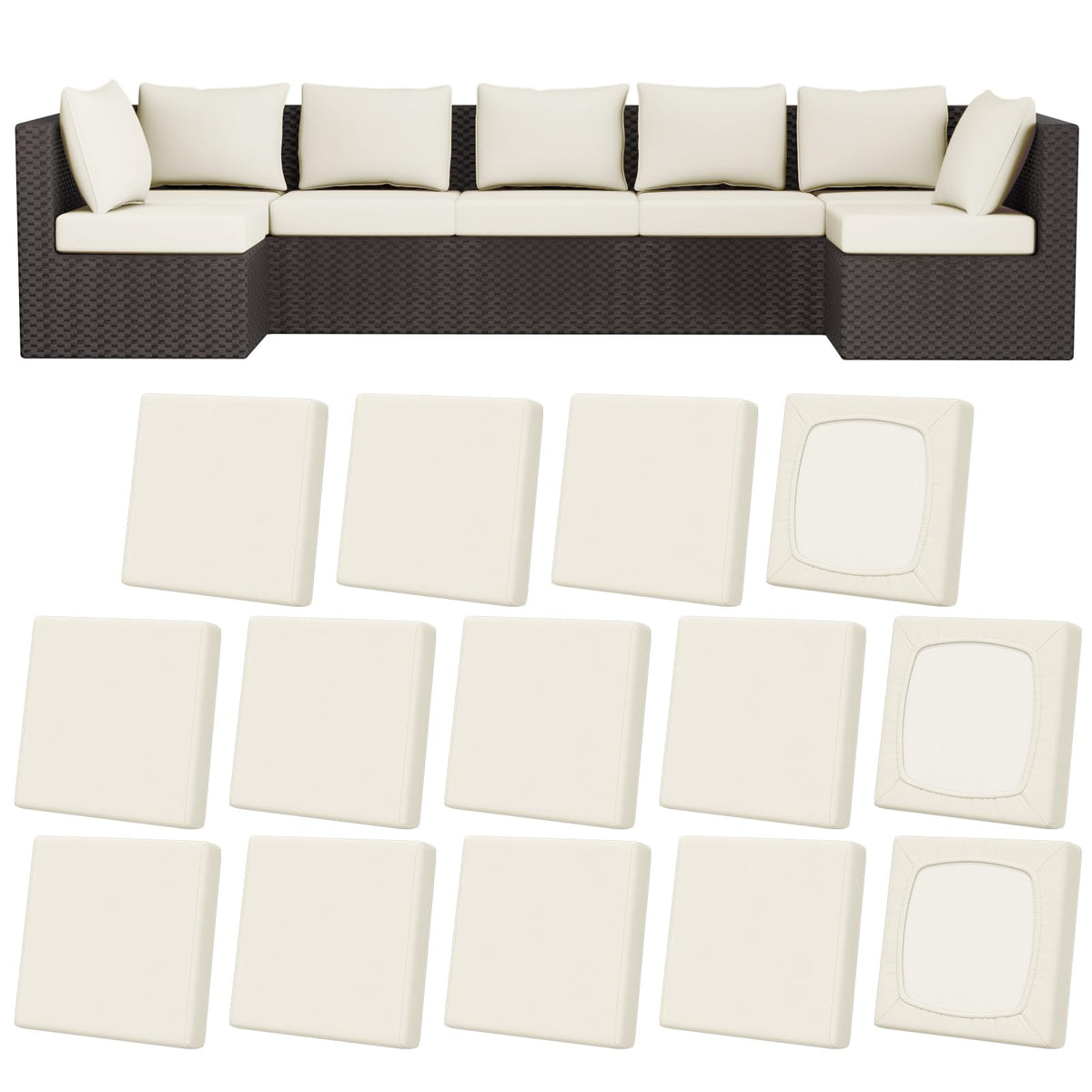 Vorshape 14Pcs Patio Stretch Cushion Covers, Outdoor Couch & Sofa Replacement Slipcovers for Patio Furniture Cushion Covers, Washable Reusable Furniture Protector, Square Large, Beige