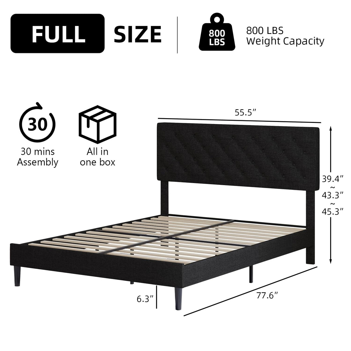 BarnFurin Full Bed Frame, Upholstered Platform Bed with Button Tufted Headboard, Fabric Bed Frame with Wooden Slats Support, No Box Spring Required, Easy Assembly, Black