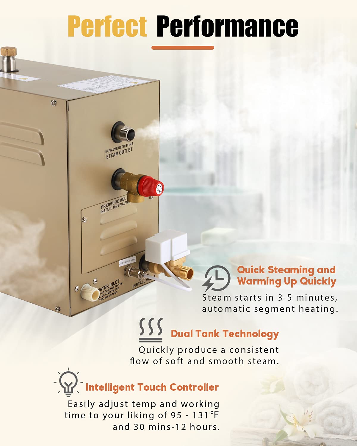 CGOLDENWALL 9KW Commercial Self-Draining Steam Generator Shower System Home Steam Bath Spa Generator 30 min to 12 Hours with Auto Drain 95-131℉ for Suitable Space Heating 9 m³/318 Cubic feet (9KW)