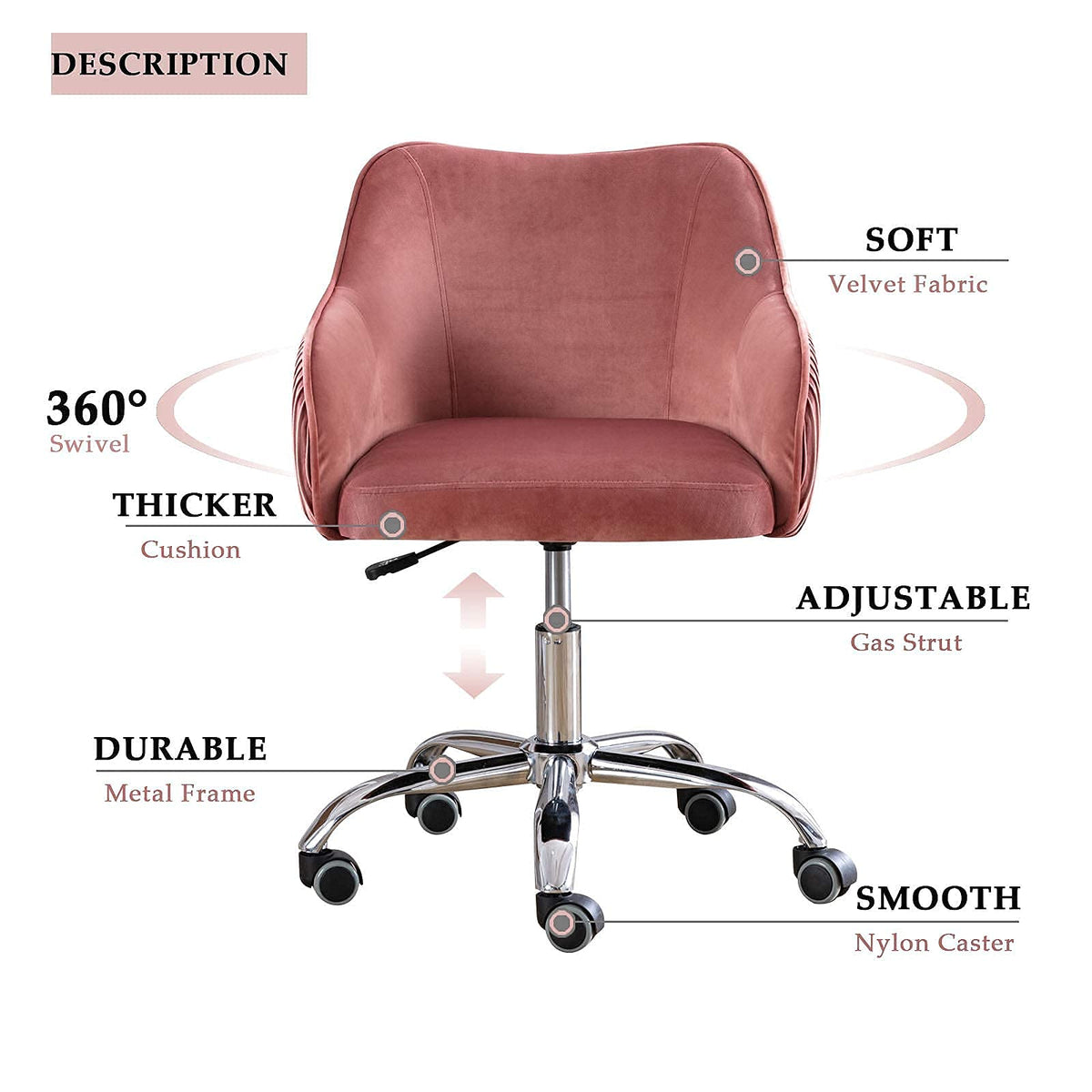 CAELUM Cute Pink Desk Chair for Teen Girl Kids, Home Office Computer Desk Chairs with Wheels and Arms, Comfy Velvet Fabric Swivel Rolling Task Chair Vanity Chair for Makeup Room, Bedroom, Living Room