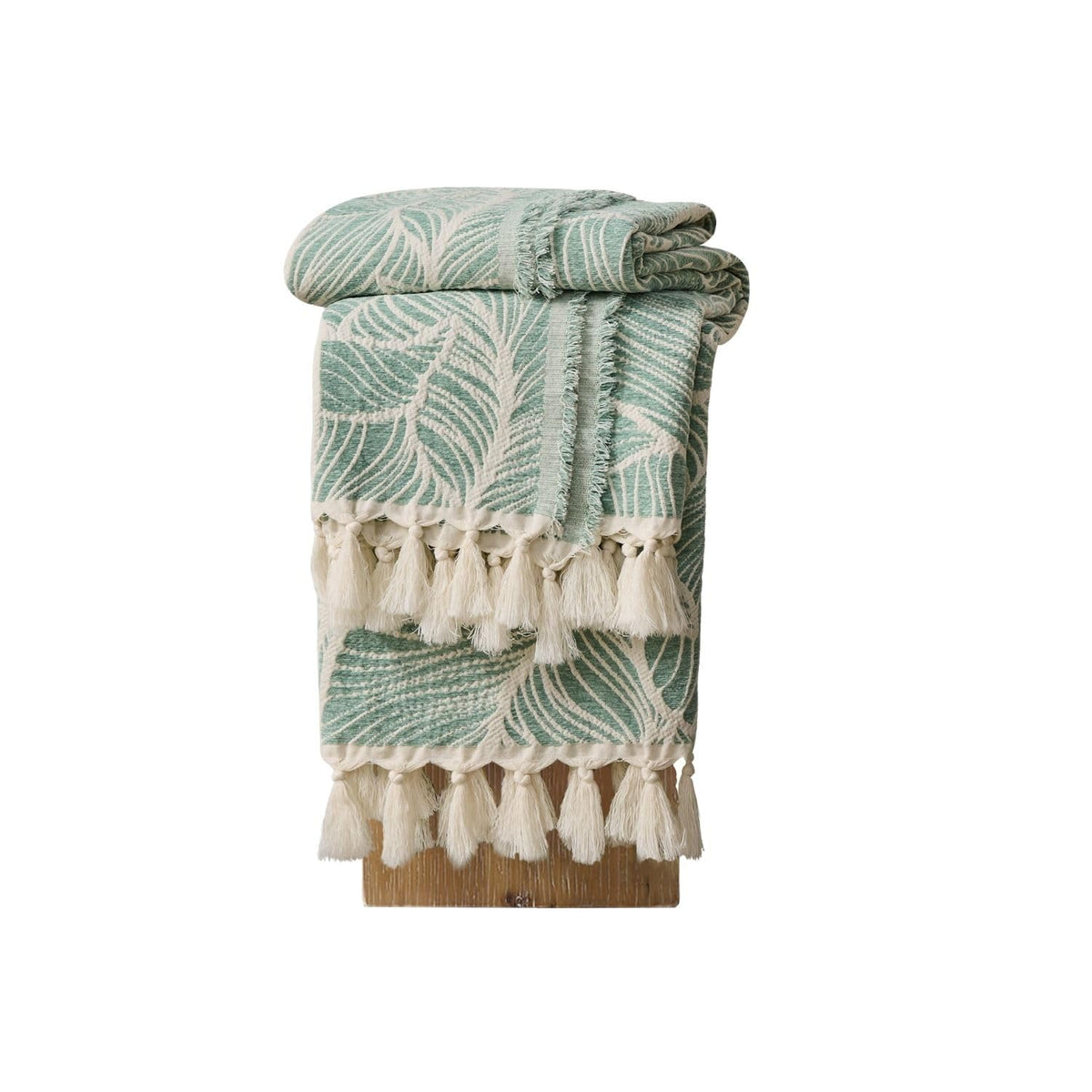 DOWN HOME Chenille Cotton Throw Blanket for Couch, Lightweight Boho Blanket for Bed Sofa Chair Living Room Outdoor Soft Woven Decorative Blanket with Tassel Gift Green Leaves 55"x60"