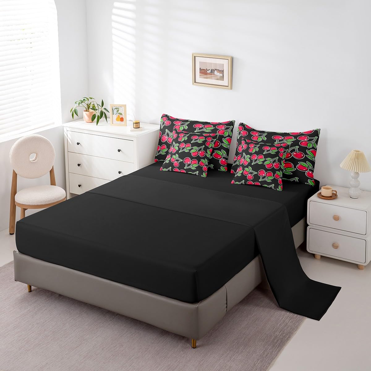 Erosebridal Cherry Comforter Set 7 Piece Bed in a Bag Twin,Kawaii Red Cherry Fruit Bedding Sets Novelty Tropical Food Comforter and Sheet Set,Botanical Leaf Green Plant Leaves Bed Set