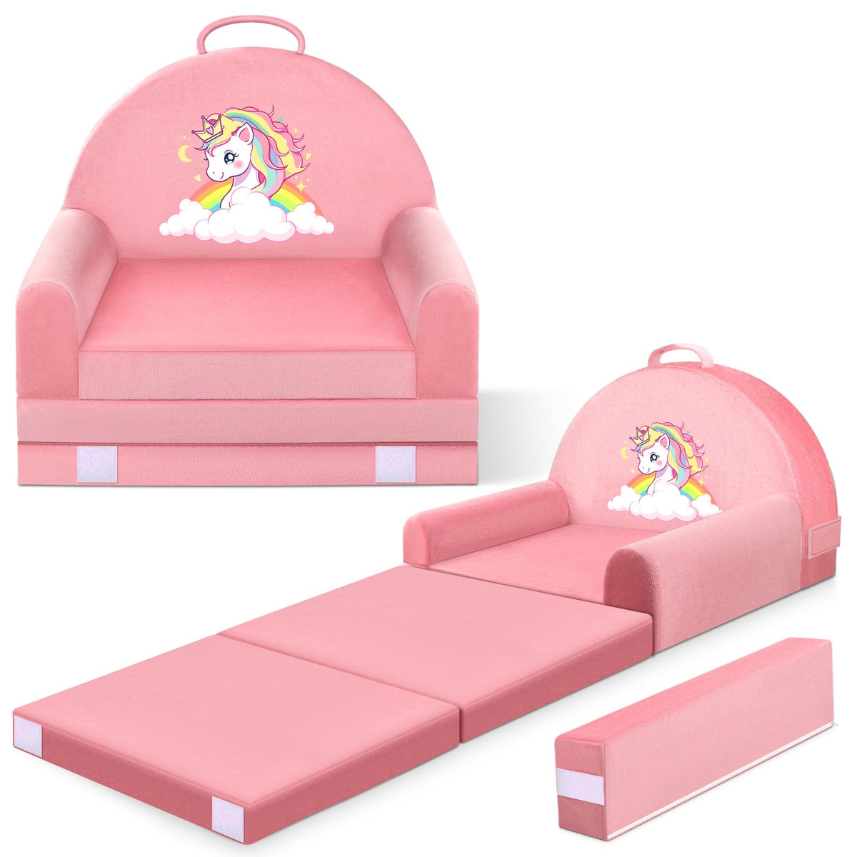ORWIPO Unicorn Kids Sofa Bed with Removable Washable Cover & Hook and Loop Backrest – Foldable Toddler Chair, Cozy Crystal Velvet Furniture for Playtime, Naps & Travel (Pink, Unicorn Design)
