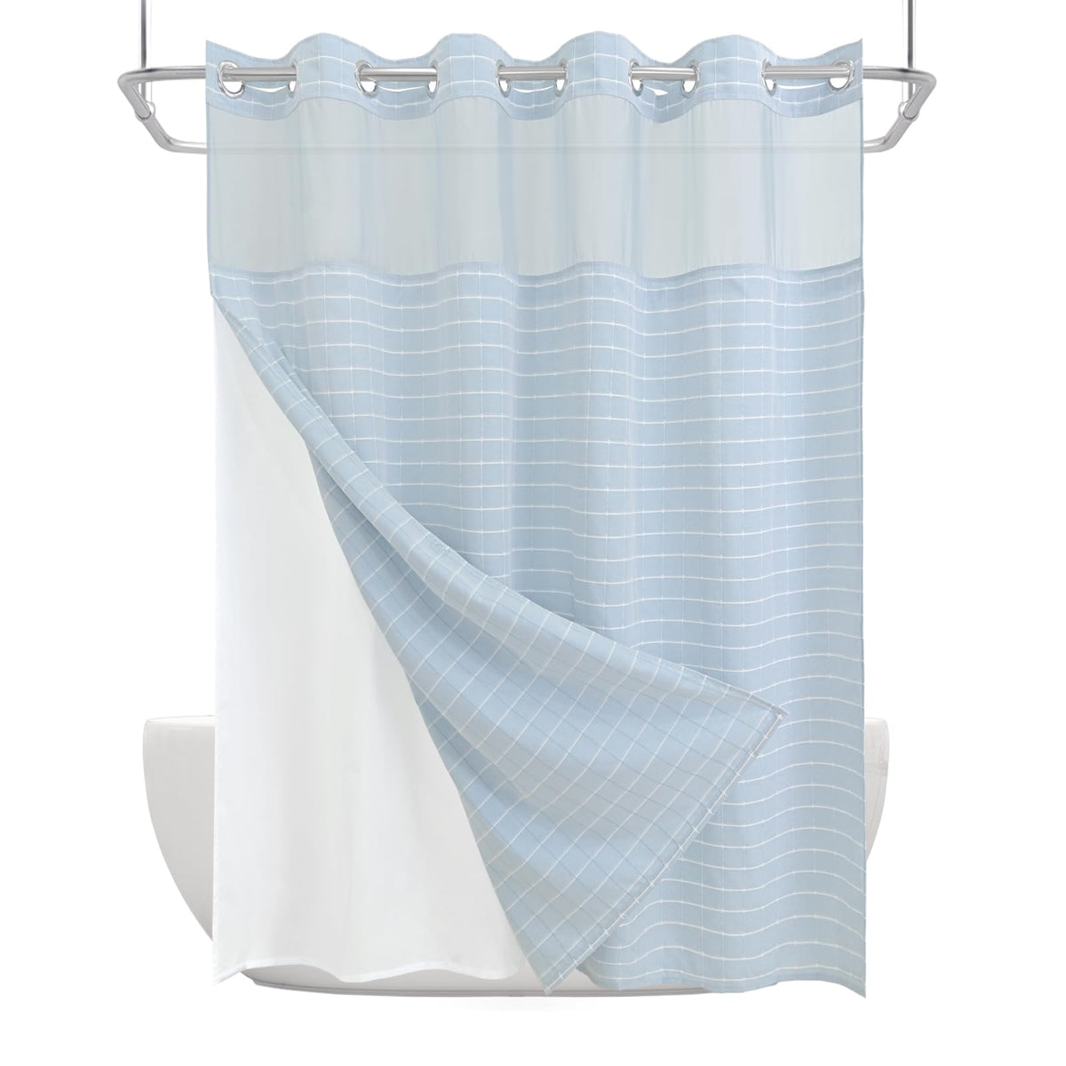 DRIFTED ROOT No Hook Shower Curtain Set with Snap-in Detachable Liner and Mesh Top Window, Grid Jacquard Fabric, Water-Repellent, 4 Hem Magnets, Side Suction Cups, Blue, 72 x 80 Inch