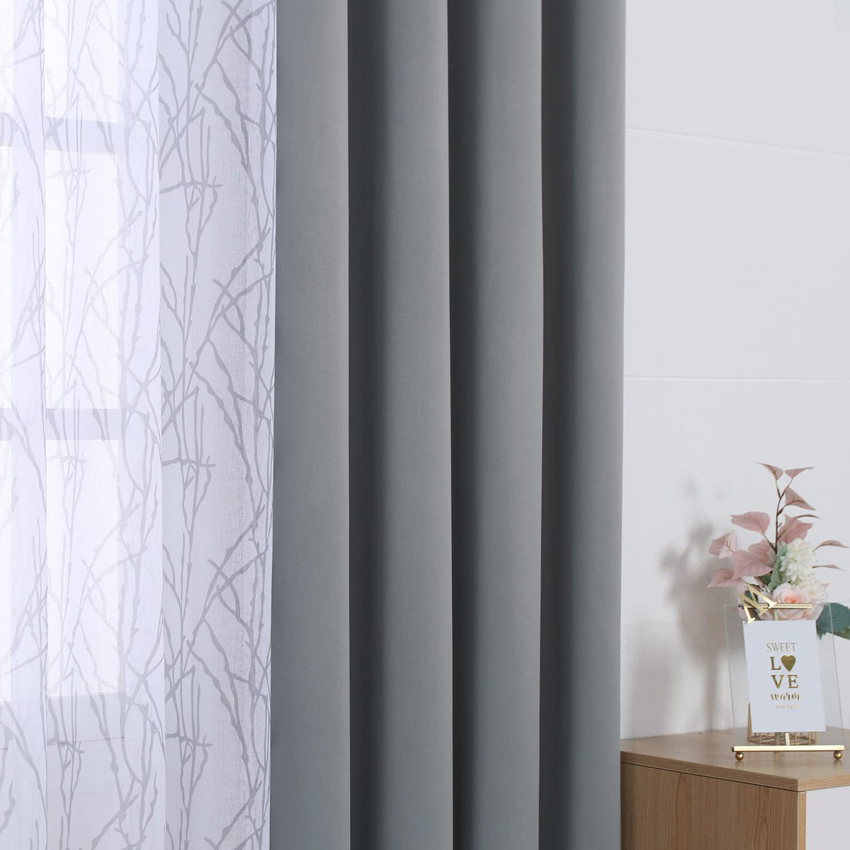 BONZER Mix and Match Curtains - 2 Pieces Branch Print Sheer Curtains and 2 Pieces Blackout Curtains for Bedroom Living Room Grommet Window Drapes, 37x63 Inch/Panel, Light Grey, Set of 4 Panels