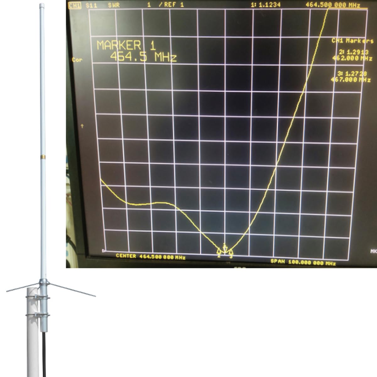 HYS 200W GMRS Base Antenna 5/8 Wave 7.2dBi Pre-Tuned 462-467MHz for Motorola Repeater GR1225 GR500, Midland Anytone Mobile Radio, Fiberglass Omnidirectional