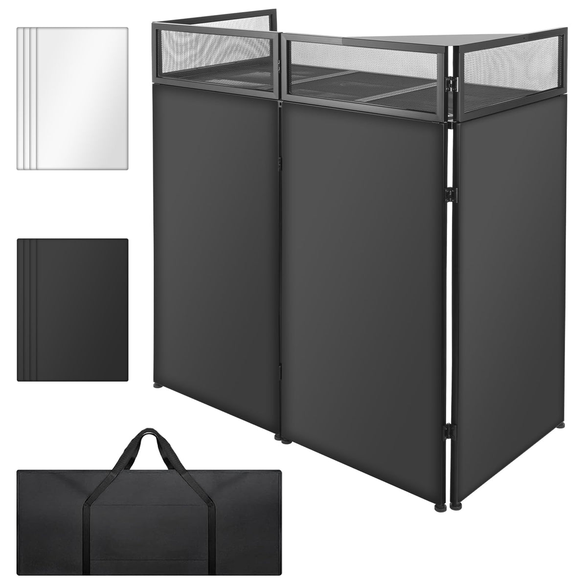 STRICH Portable DJ Facade Table Station, Foldable DJ Booth with Black & White Scrim, 44”X 20” Metal Frame Display Stand with Removable Triangle Shelf, Cable Hole and Carry Bag for Show, Party, Studio