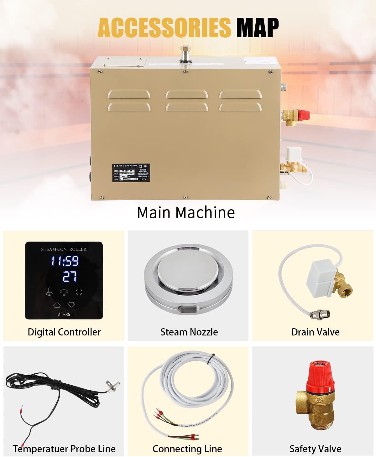 CGOLDENWALL 9KW Commercial Self-Draining Steam Generator Shower System Home Steam Bath Spa Generator 30 min to 12 Hours with Auto Drain 95-131℉ for Suitable Space Heating 9 m³/318 Cubic feet (9KW)