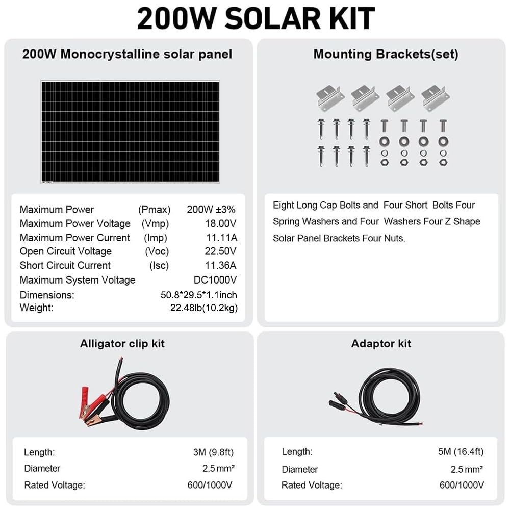 DOKIO 200W 18V Solar Panel Kit Monocrystalline with Aluminum Frame and MC4, Mounting Brackets, Alligator Clips & 5m Cable for RV, Boat, Roof, Cabin, Off-Grid (Controller Required)