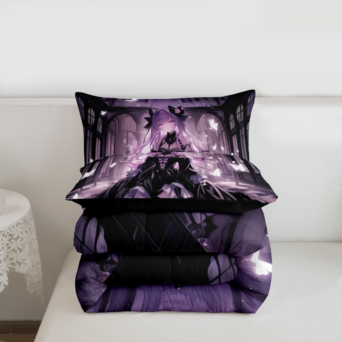 Erosebridal 3D Girly Kids Comforter Set | Japanese Girl Bedding Twin Size Anime Gifts Down Comforter Purple Dreamy Butterfly Print Duvet Set for Bedroom
