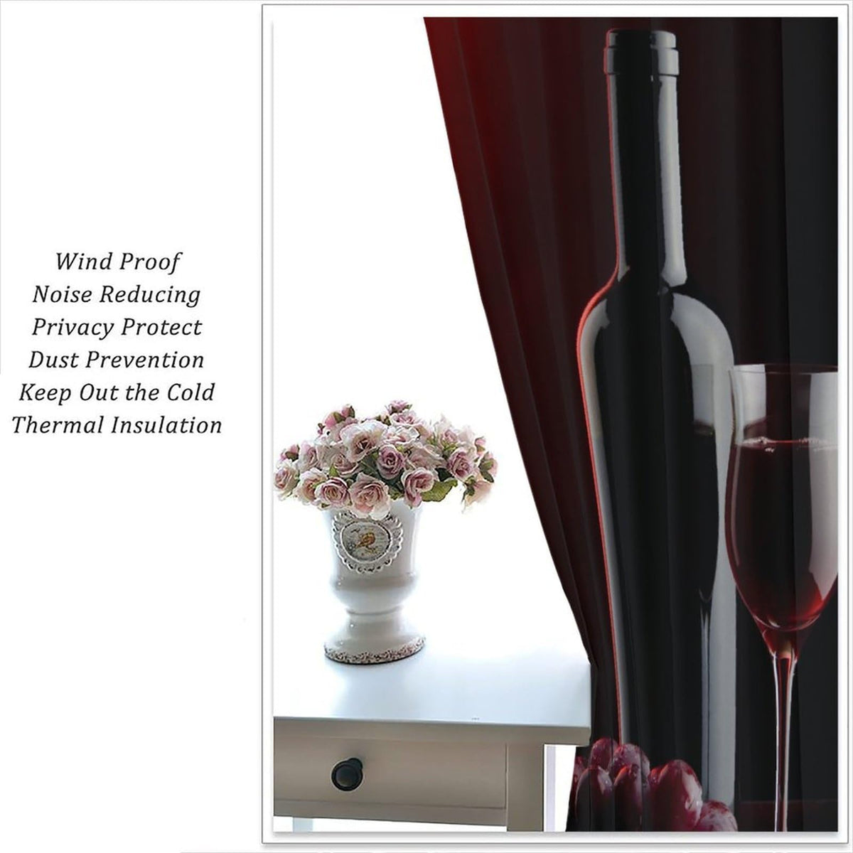 Wine Curtains, Red Wine Bottle Glass Grapes Print, Light Filtering Window Drapes for Kitchen Dining Room Living Room, 20.5" W x 44.5" L, 2 Panels （No Blackout）