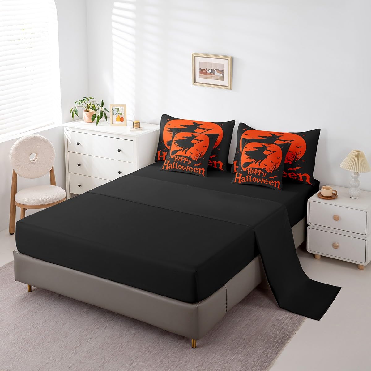 Feelyou Halloween Bed in a Bag Twin Size Witch 7 Piece Bedding Set for Kids Boys Girls Teens Bat Comforter Set with Sheets Pumpkin Bed Set
