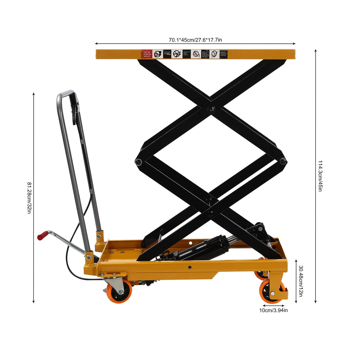 Hydraulic Lift Table Car, 45" Lifting Height, Manual Double Scissor Lift Tablewith 4 Wheels and Safety Back Guard,Hydraulic Scissor Cart for Material Handling and Transportation