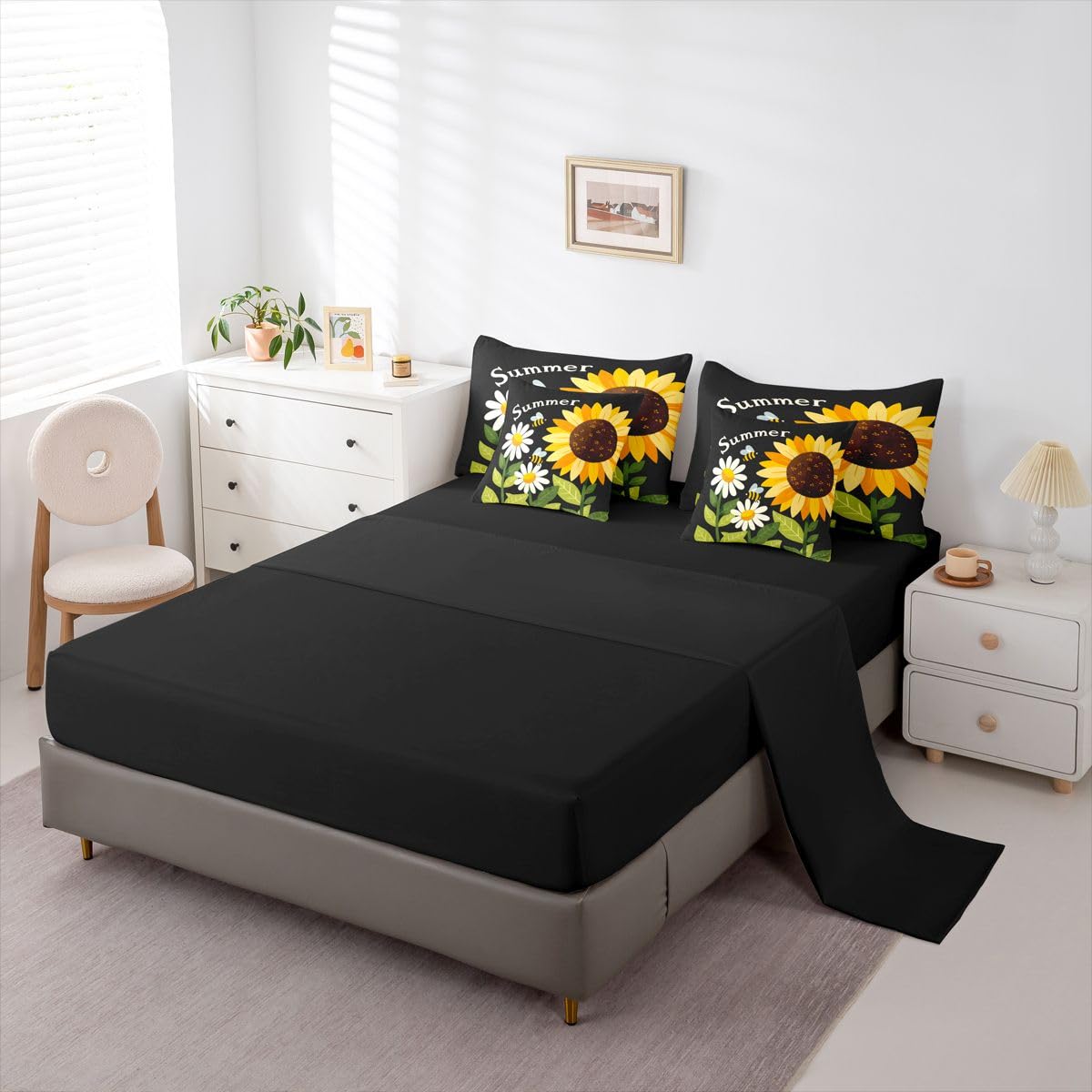 Erosebridal Summer Sunflower Bee Queen Bedding Set Retro Floral Bee Comforter Set with Flat and Fitted Sheet Kids Boys Girls Boho Garden 7-Piece Bed in a Bag Minimalist Floral Art Quilt Sets