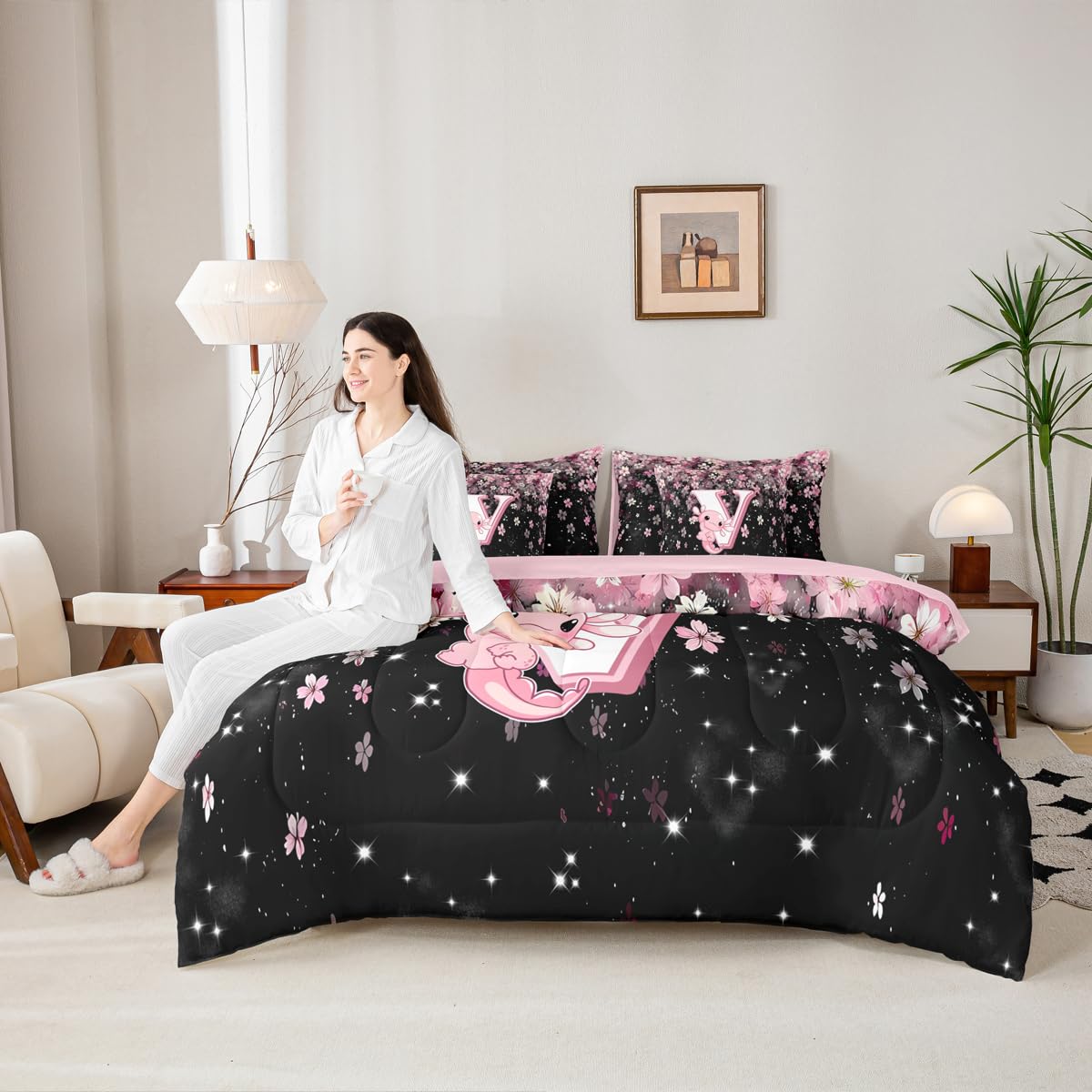 Erosebridal 7 Pieces Cute Letter Initial V Bed in A Bag Twin Size | Cute Axolotl Comforter Set with Sheets for Kids Girls Teens Pink and White Cherry Blossom Bedding Set Kawaii Axolotl Quilt Sets