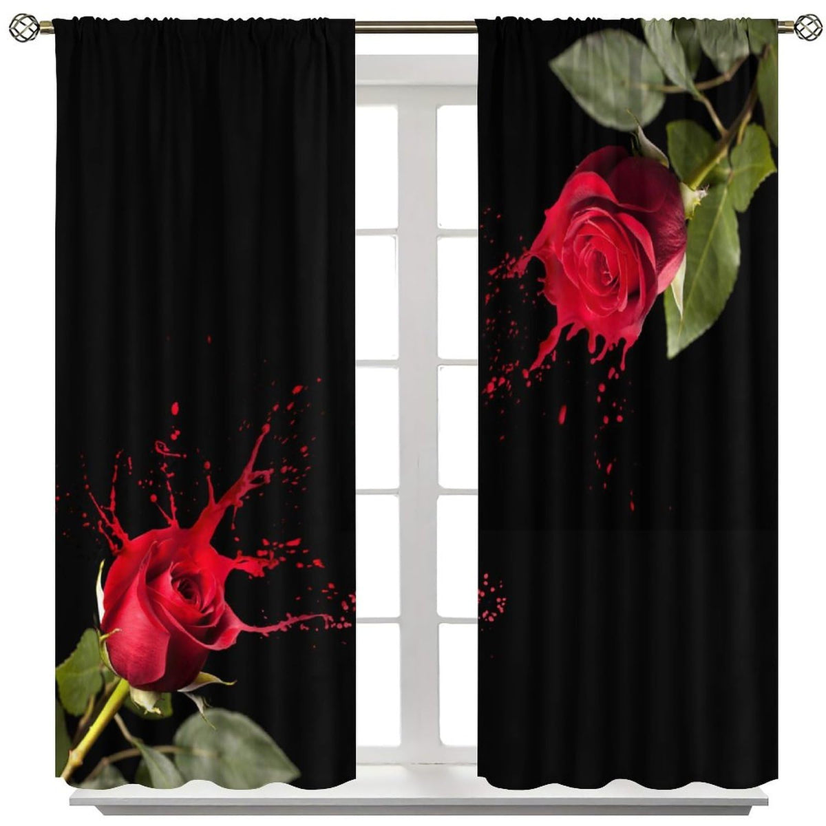 GoDazzling Rustic Romantic Red Rose Curtains, Vintage Floral Leaves Rod Pocket Window Drapes, for Bedroom Living Room 41" W X 45" L (No Blackout)