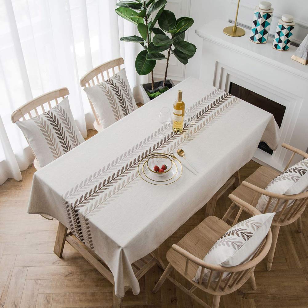 AMZALI Elegant Embroidery Spill-Proof Water Resistance Table Cloth Wrinkle Free Heavy Weight Cotton Linen Tablecloth Fabric Table Cover for Outdoor Indoor (Square 53 * 53 Inch)