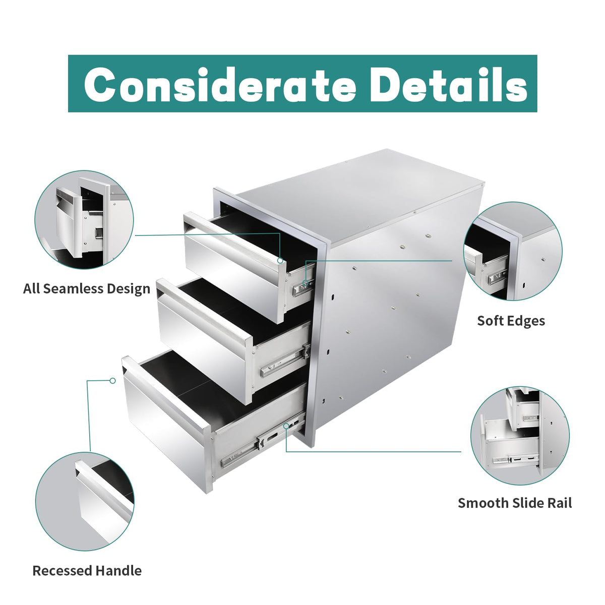 Outdoor Kitchen Drawers 14" W x 21" H x 23" D Stainless Steel Drawer BBQ Triple Drawers with Hidden Handle for Outdoor Kitchen Island, Patio Grill Station