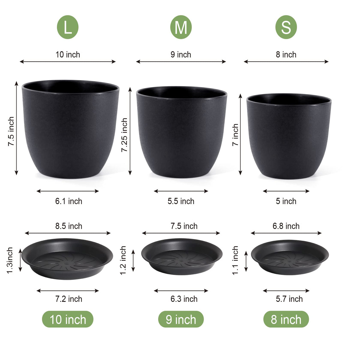 WSMKSZ 10/9/8 inch Medium Plant Pots, 3 Pack Modern Decorative Plastic Planters with Drainage Holes and Saucers, Flower Pots for Indoor Outdoor Plants, Black