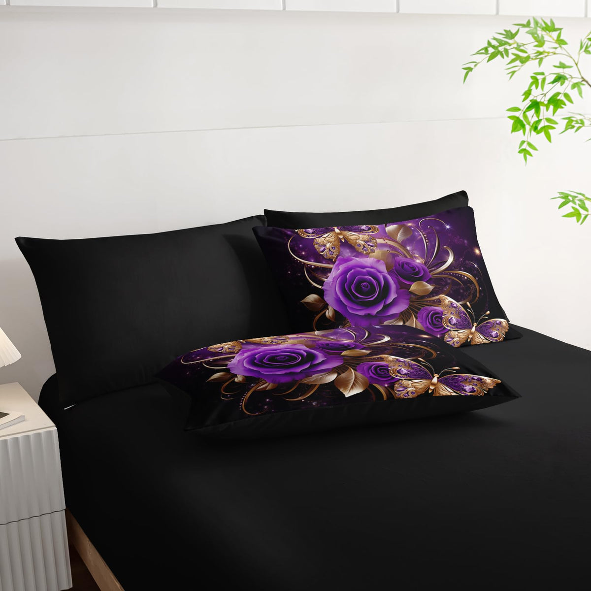 AILONEN Gold Purple Rose Flower Comforter Set Queen - 7Pcs Soft Floral Butterfly Bed in a Bag -Girls Rose Comforter,Fitted Sheet,Flat Sheet,2 Pillowcases,2 Pillow Shams for Women