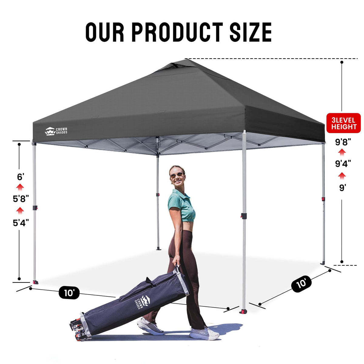 CROWN SHADES 10x10 Pop Up Canopy - Beach Tent with CenterLok One Push Setup - Easy Outdoor Sun Shade Shelter for Events, Parties - Gazebo with STO-N-Go Cover Bag, Silver Coated Top, Grid Grey