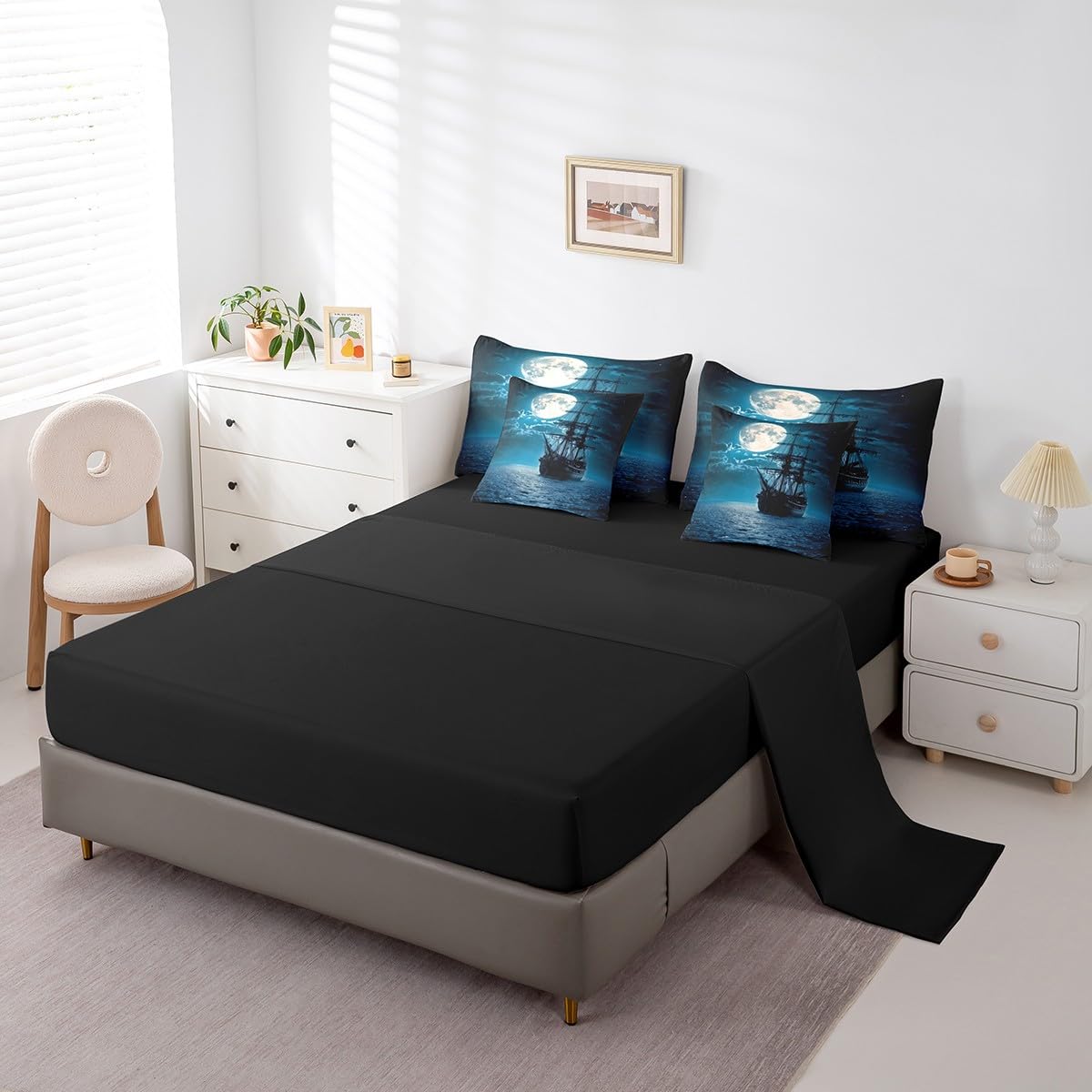 Feelyou Sailing Ship Comforter Set 7 Pieces Twin Size Moonlight Ocean Sea Bedding Set for Boys Girls Coastal Bed in a Bag with Comforter, Sheets, Pillowcases & Cushion Covers