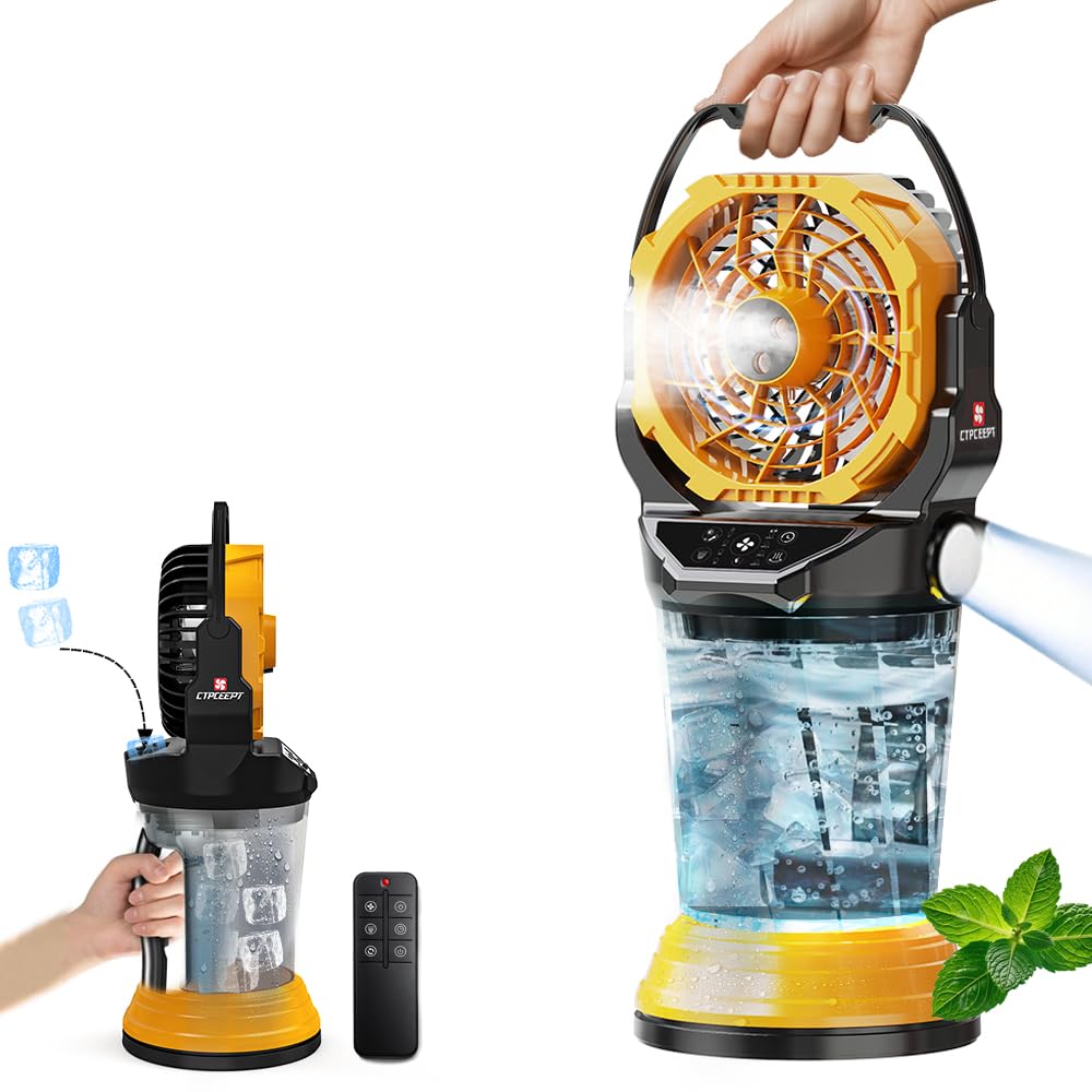 2026 New Portable Misting Fan with 30000mAh Rechargeable Battery, 120° Auto Oscillating Battery Powered Fan, 4 Speeds Spray Fan with LED Battery Indicator for Camping, Patio, Outdoor, Travel (yellow)