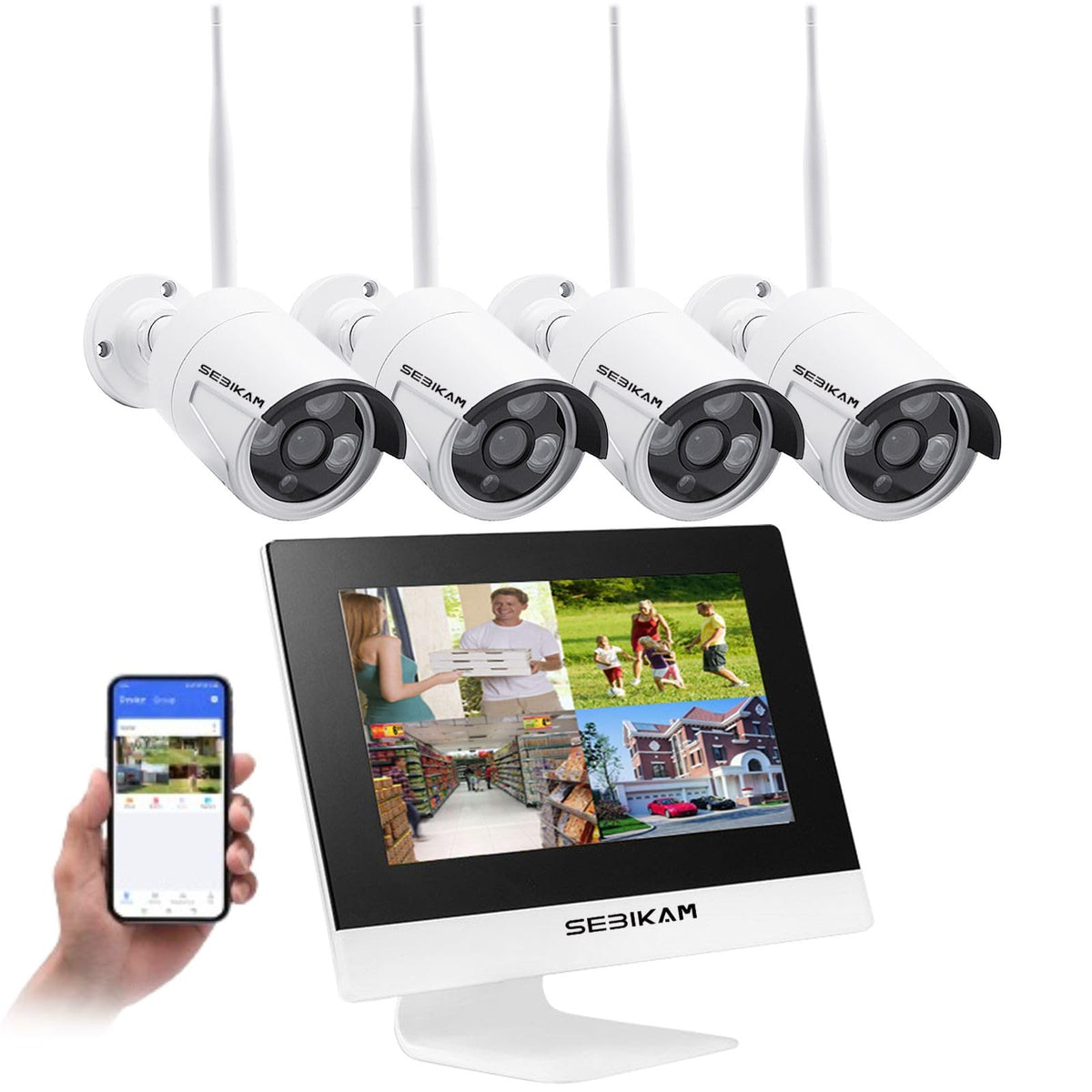SEBIKAM 2K Wireless Security Camera System Outdoor with 10.1" Monitor, 4pcs 3MP Wired Plug-in Powered Cameras 2-Way Audio, No Monthly Fees, Night Vision, Motion Detection Surveillance (No Hard Drive)